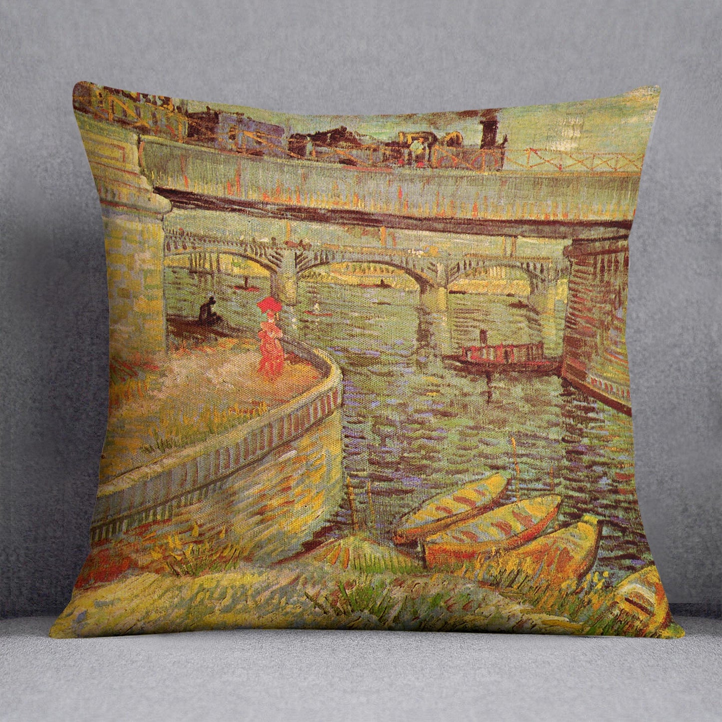 Bridges across the Seine at Asnieres by Van Gogh Cushion