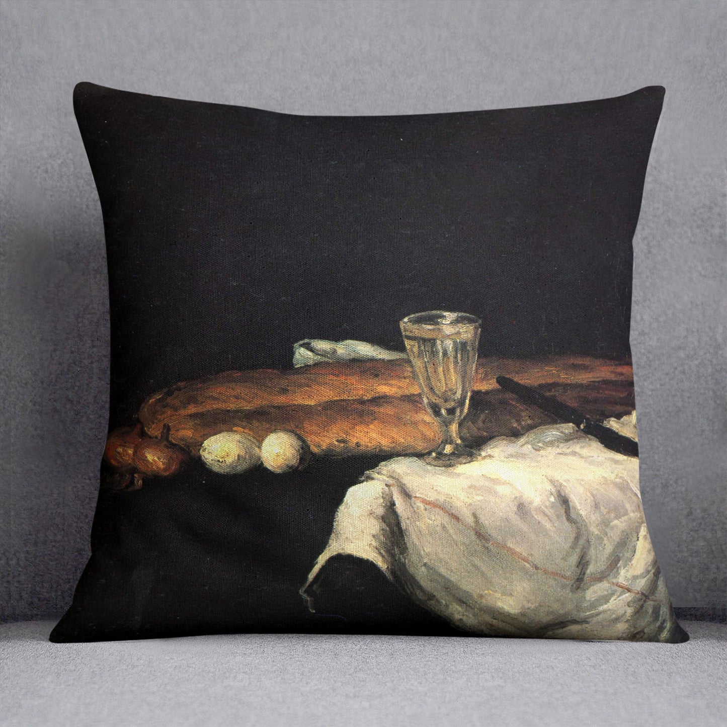 Still life with bread and eggs by Cezanne Cushion