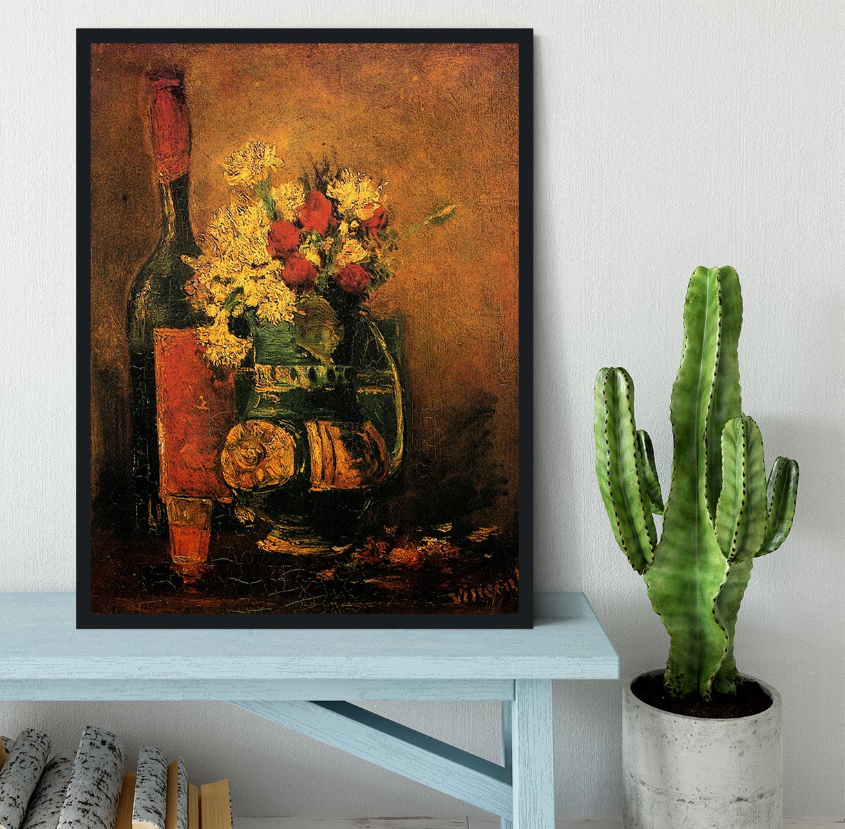 Vase with Carnations and Roses and a Bottle by Van Gogh Framed Print
