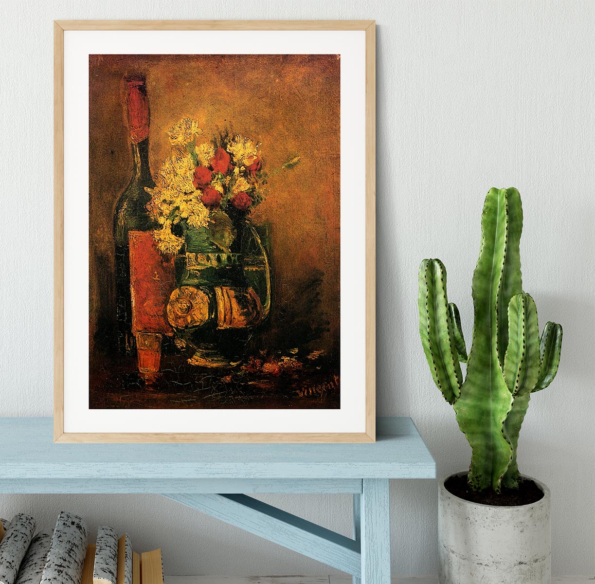 Vase with Carnations and Roses and a Bottle by Van Gogh Framed Print