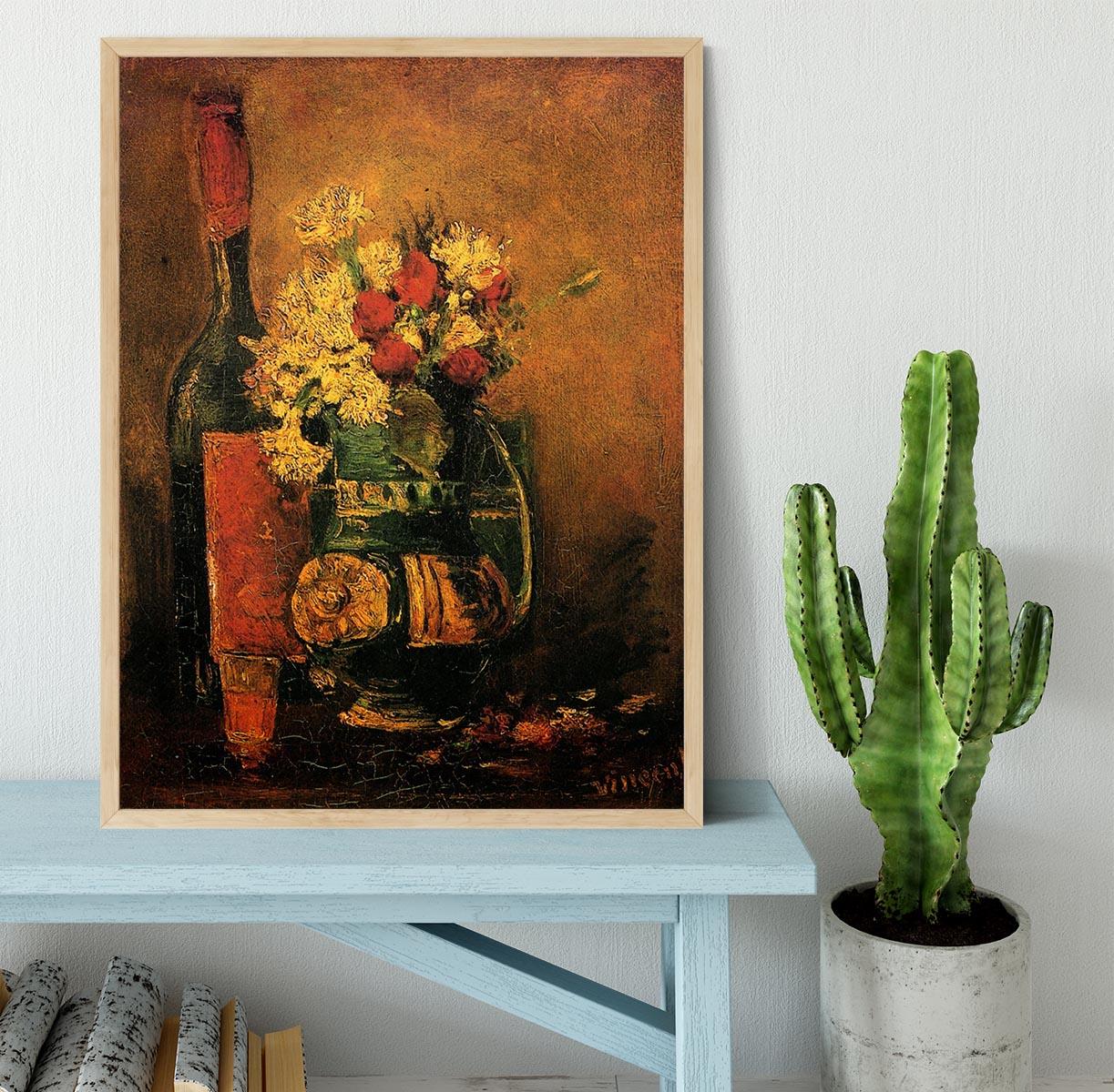 Vase with Carnations and Roses and a Bottle by Van Gogh Framed Print