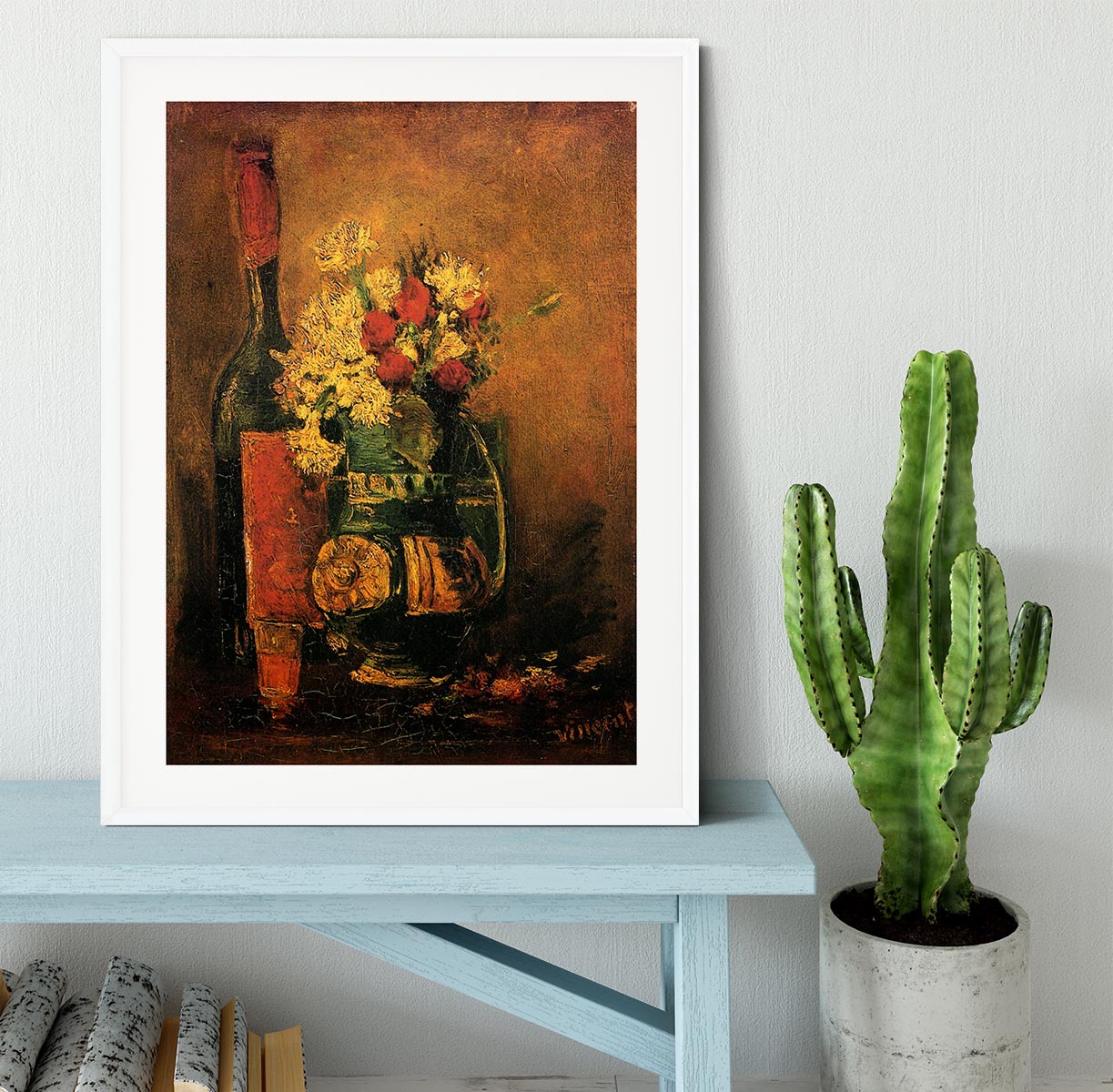 Vase with Carnations and Roses and a Bottle by Van Gogh Framed Print