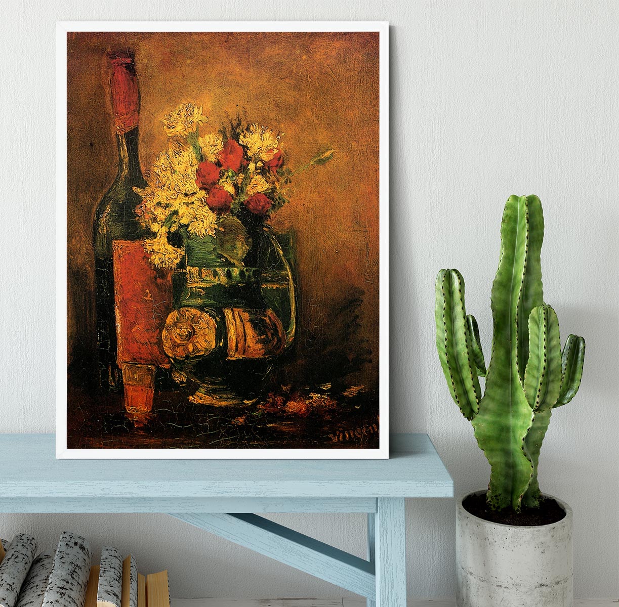 Vase with Carnations and Roses and a Bottle by Van Gogh Framed Print