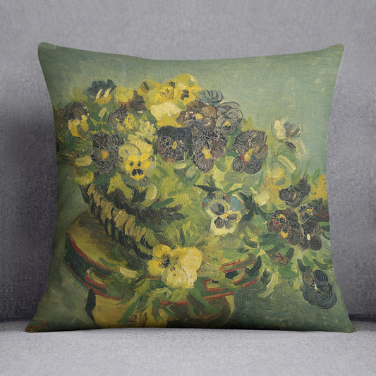 Basket of pansies on a small table by Van Gogh Cushion