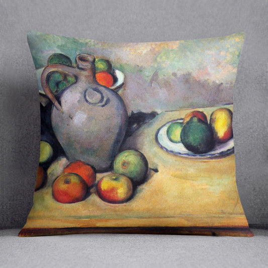 Still life pitcher and fruit on a table by Cezanne Cushion