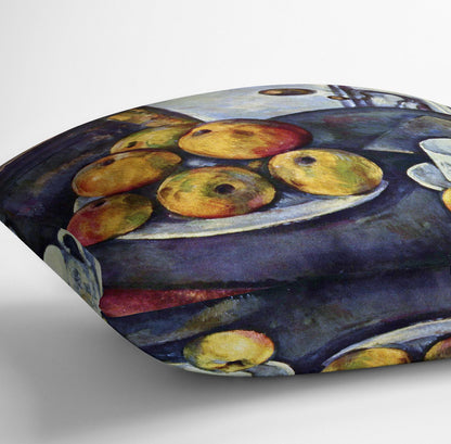 Still life with a bottle and apple cart by Cezanne Cushion