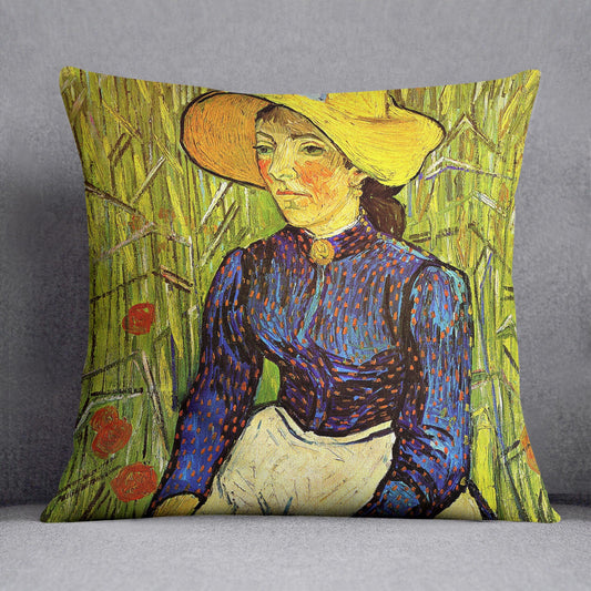 Young Peasant Woman with Straw Hat Sitting in the Wheat by Van Gogh Cushion