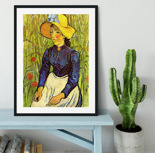 Young Peasant Woman with Straw Hat Sitting in the Wheat by Van Gogh Framed Print